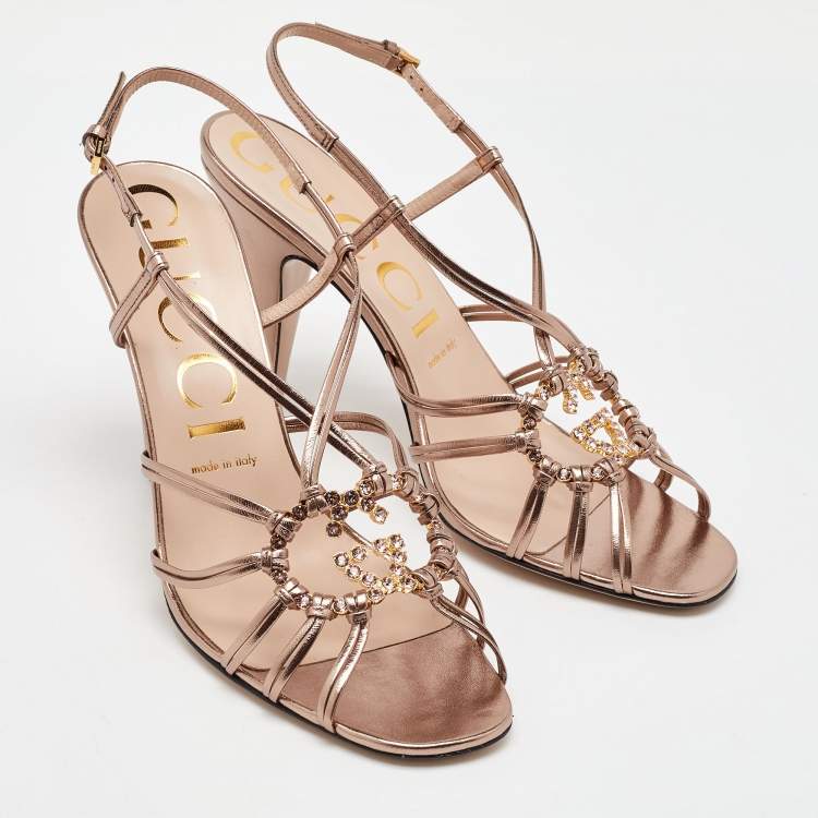 Pre Owned Gucci Metallic Leather GG Crystal Embellishment Strappy Slingback Sandals Size 39.5