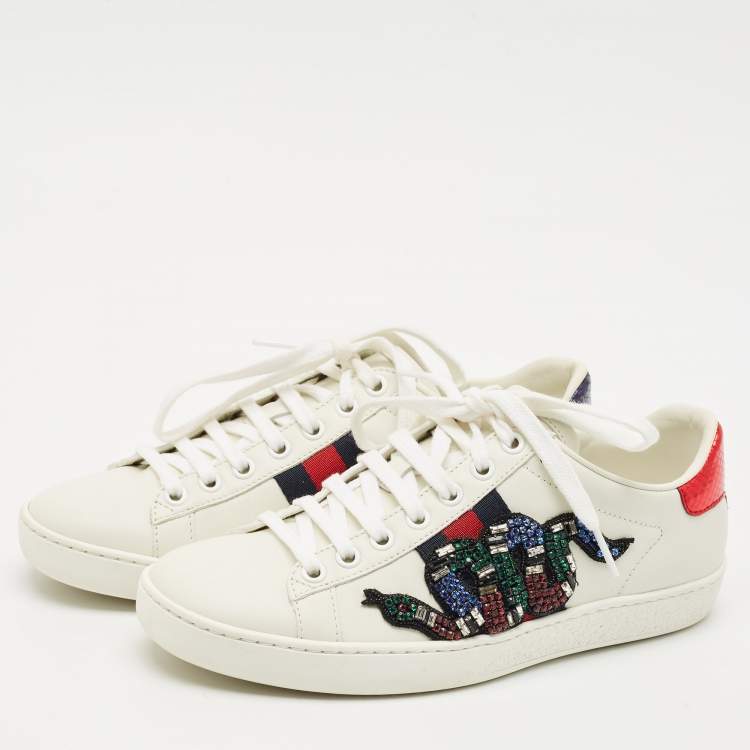 Pre Owned Gucci White Leather and Snakeskin Leather Ace Low Top Sneakers Size 35.5
