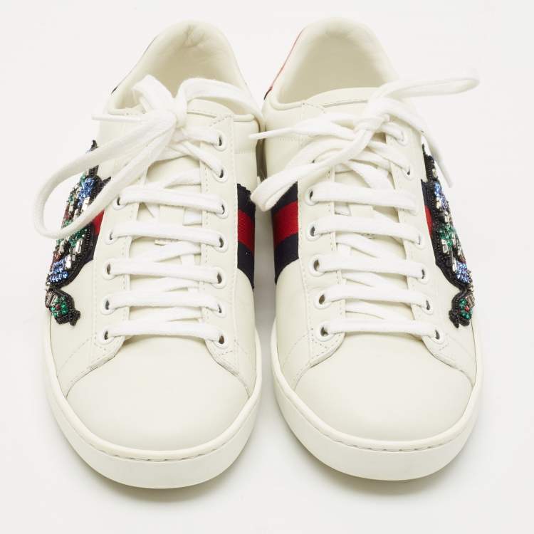 Pre Owned Gucci White Leather and Snakeskin Leather Ace Low Top Sneakers Size 35.5