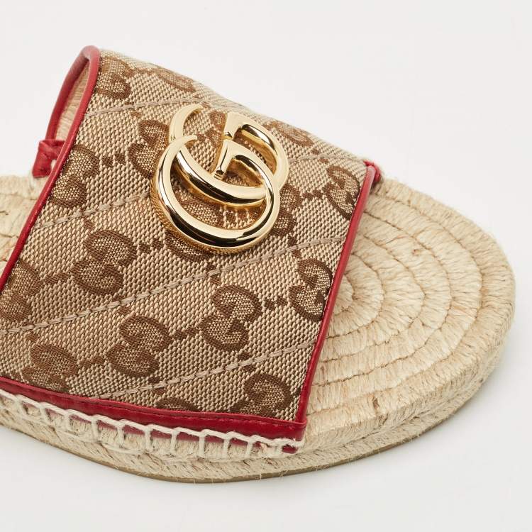 Pre Owned Gucci Beige GG Canvas GG Marmont Espadrille Flat Slides Size 35.5