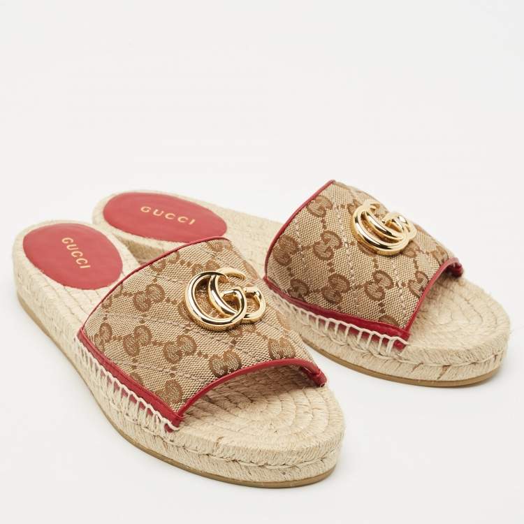 Pre Owned Gucci Beige GG Canvas GG Marmont Espadrille Flat Slides Size 35.5