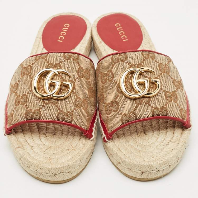 Pre Owned Gucci Beige GG Canvas GG Marmont Espadrille Flat Slides Size 35.5