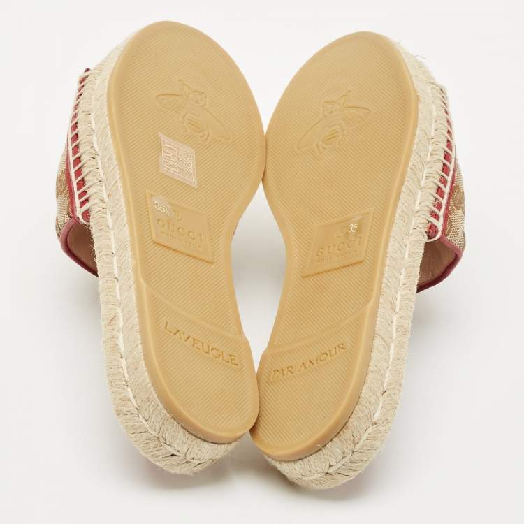 Pre Owned Gucci Beige GG Canvas GG Marmont Espadrille Flat Slides Size 35.5