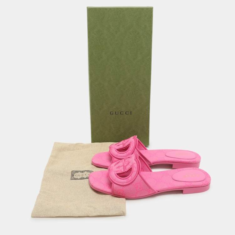 Pre Owned Gucci Pink interlocking G Canvas Flat Slides Size 36