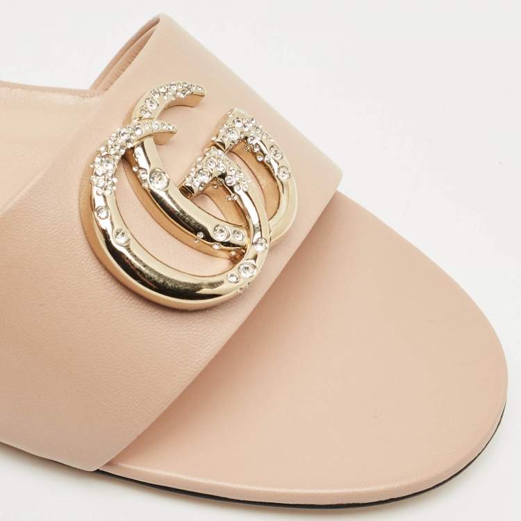 Pre Owned Gucci Light Pink Leather Double G Flat Slides Size 39