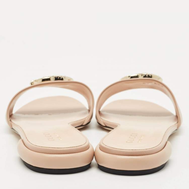 Pre Owned Gucci Light Pink Leather Double G Flat Slides Size 39