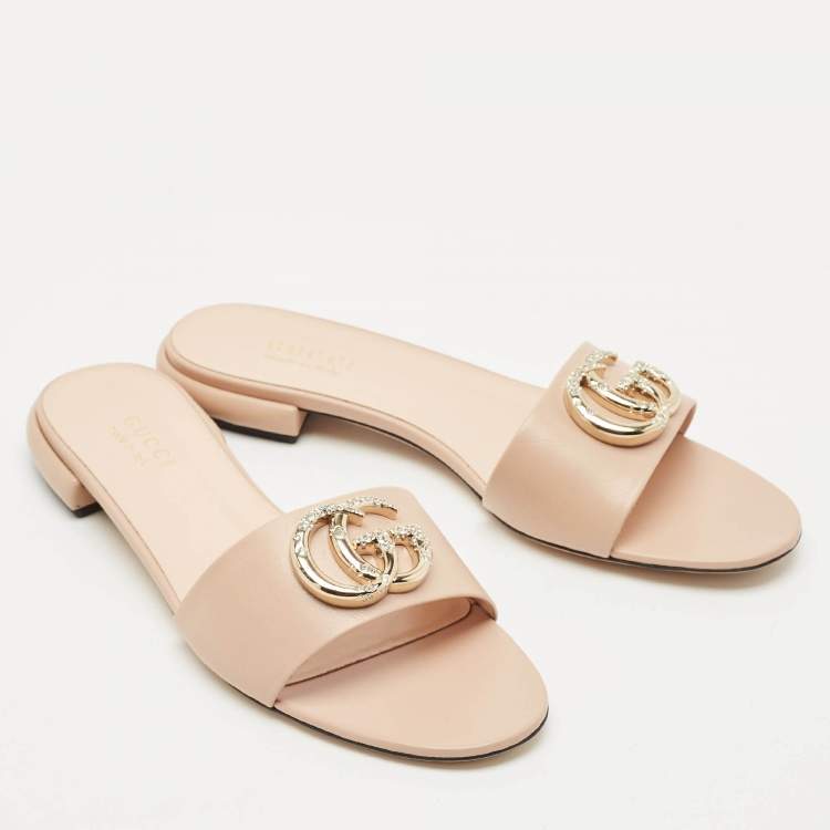 Pre Owned Gucci Light Pink Leather Double G Flat Slides Size 39