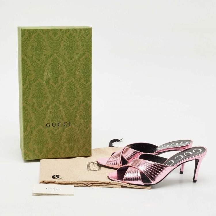 Pre Owned Gucci Metallic Pink Leather Criss Cross Slide Sandals Size 37