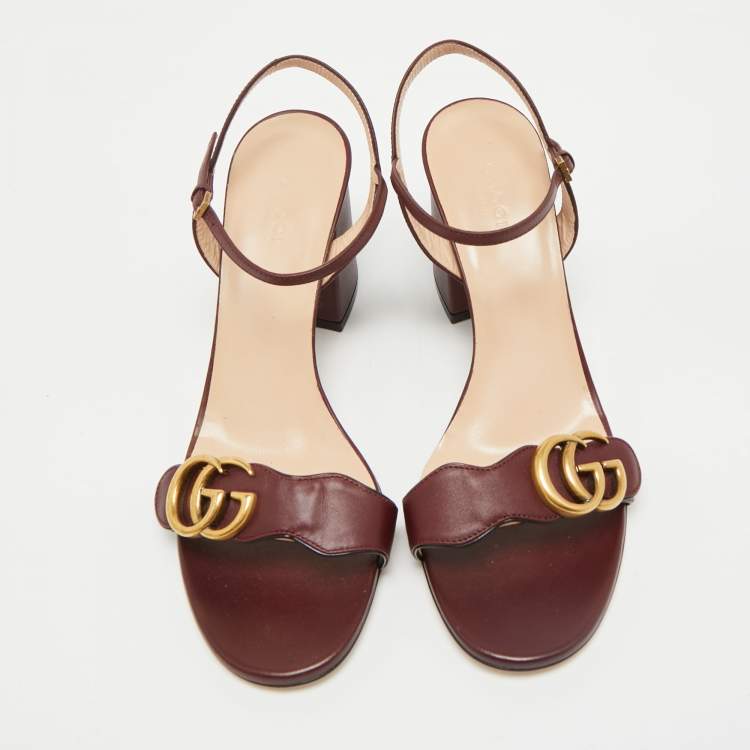 Pre Owned Gucci Burgundy Leather GG Marmont Ankle Strap Sandals Size 38.5