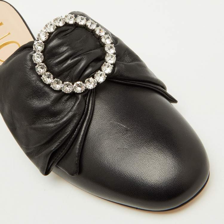 Pre Owned Gucci Black Leather Candy Bow Crystal Embellished Mules Size 36.5