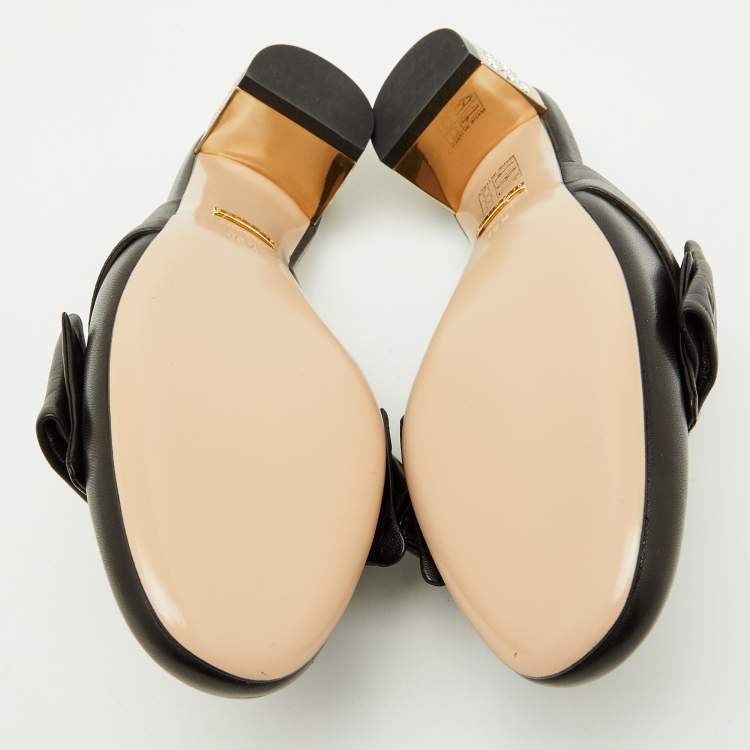 Pre Owned Gucci Black Leather Candy Bow Crystal Embellished Mules Size 36.5