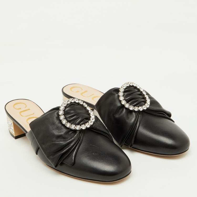 Pre Owned Gucci Black Leather Candy Bow Crystal Embellished Mules Size 36.5