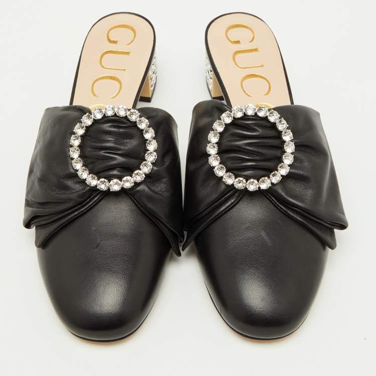 Pre Owned Gucci Black Leather Candy Bow Crystal Embellished Mules Size 36.5