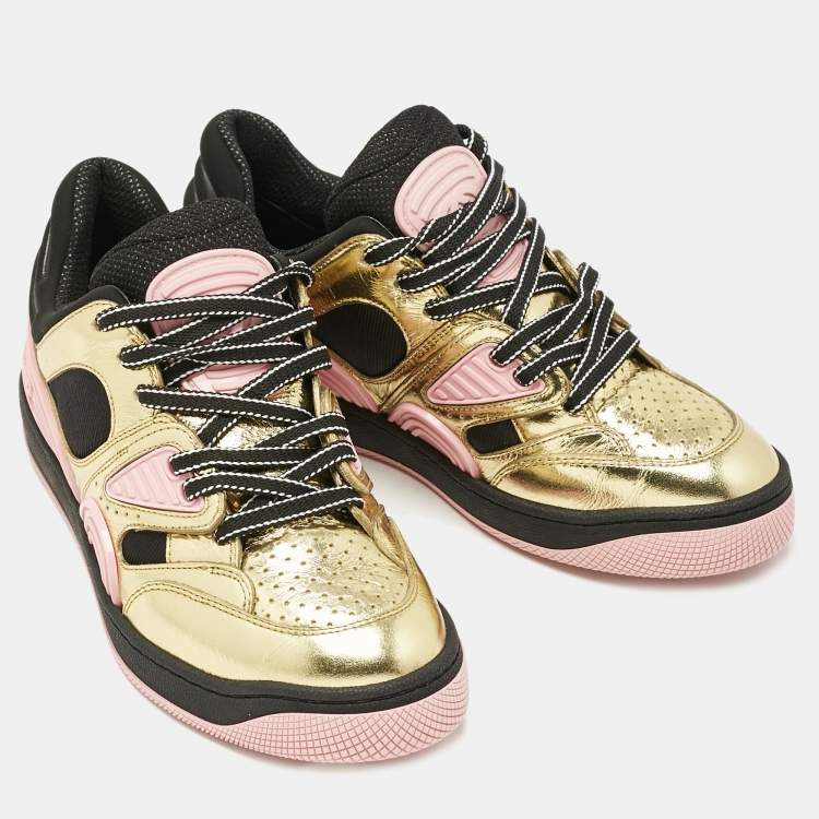 Pre Owned Gucci Multicolor Fabric and Leather Basket Low Top Sneakers Size 36
