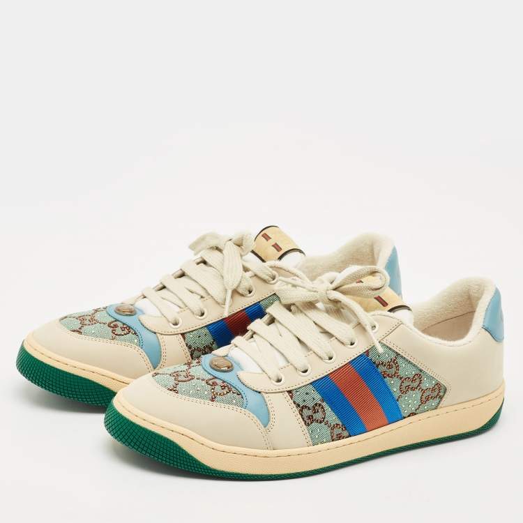 مملوكة مسبقًا Gucci Multicolor Nubuck Leather and Crystal GG Canvas Screener Sneakers Size 42
