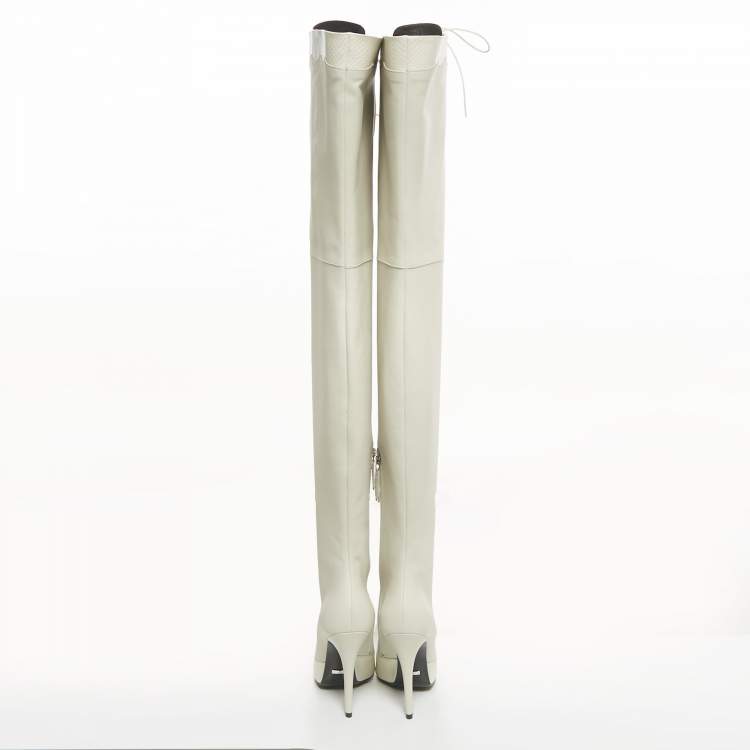 Pre Owned Gucci Off White Snakeskin Embossed and Leather Thigh High Boots Size 40