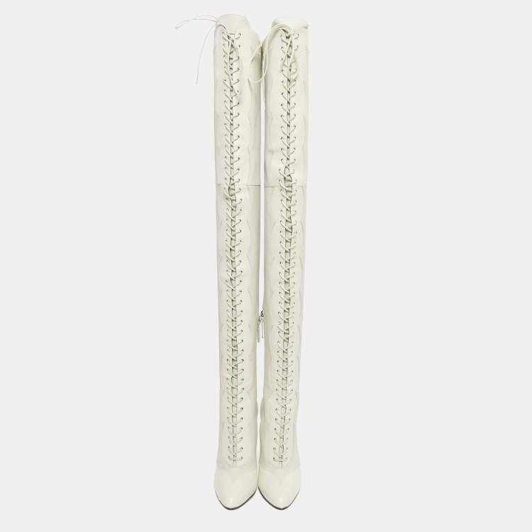 Pre Owned Gucci Off White Snakeskin Embossed and Leather Thigh High Boots Size 40