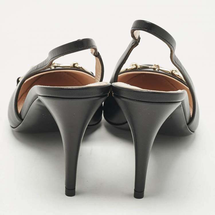 Pre Owned Gucci Black Leather Horsebit Slingback Pumps Size 38