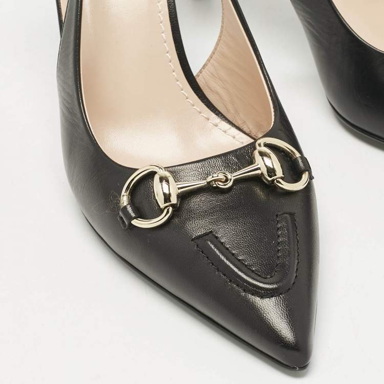 Pre Owned Gucci Black Leather Horsebit Slingback Pumps Size 38
