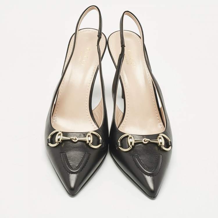 Pre Owned Gucci Black Leather Horsebit Slingback Pumps Size 38