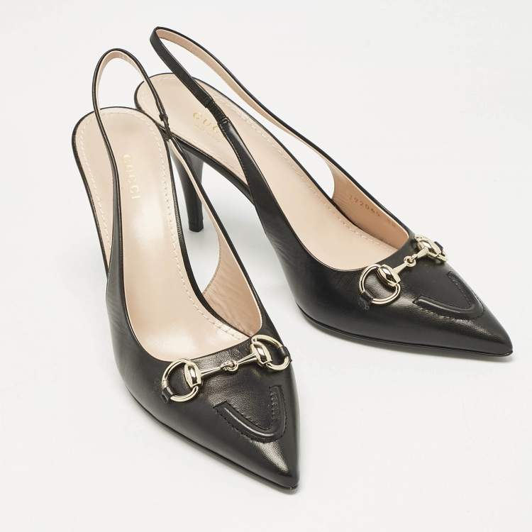 Pre Owned Gucci Black Leather Horsebit Slingback Pumps Size 38