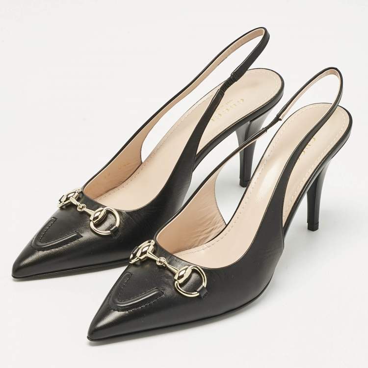 Pre Owned Gucci Black Leather Horsebit Slingback Pumps Size 38