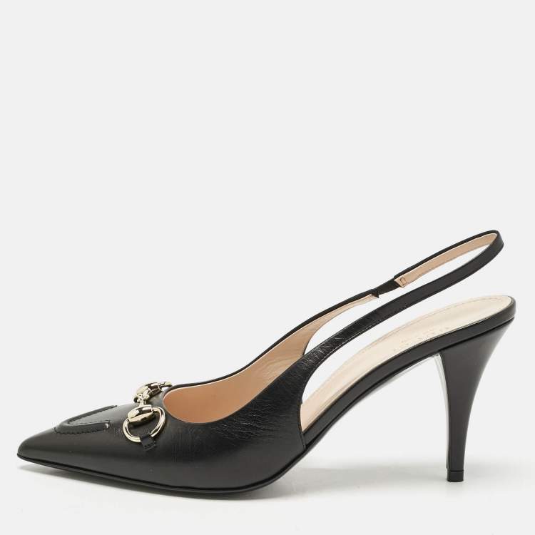Pre Owned Gucci Black Leather Horsebit Slingback Pumps Size 38