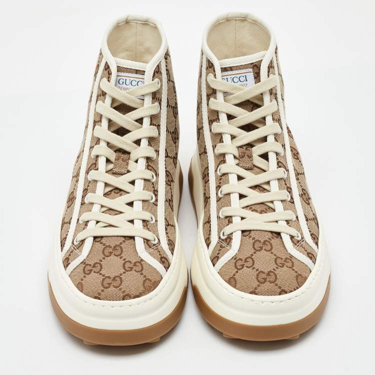 Pre Owned Gucci Beige/Brown GG Canvas Tennis 1977 High Top Sneakers Size 41.5