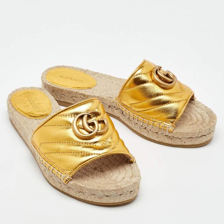 Pre Owned Gucci Metallic Gold Leather GG Marmont Pilar Espadrille Flat Slide Sandals Size 35
