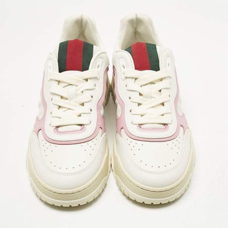 Pre Owned Gucci White/Pink Leather GG Lace Up Sneakers Size 39