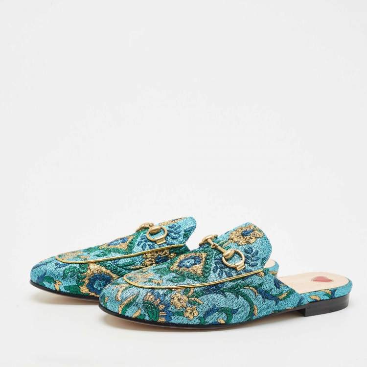 Pre Owned Gucci Multicolor Brocade Fabric Princetown Flat Mules Size 36
