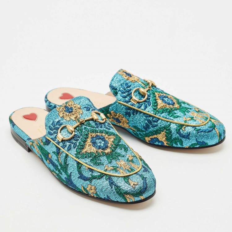 Pre Owned Gucci Multicolor Brocade Fabric Princetown Flat Mules Size 36
