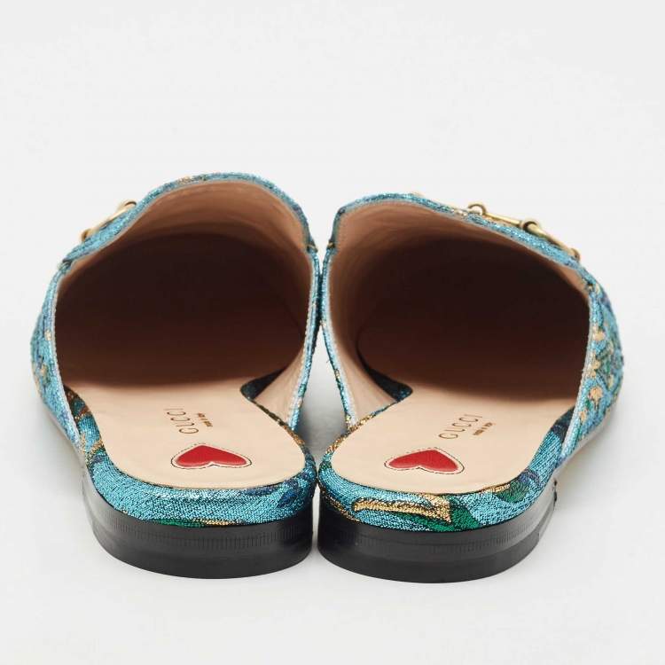Pre Owned Gucci Multicolor Brocade Fabric Princetown Flat Mules Size 36