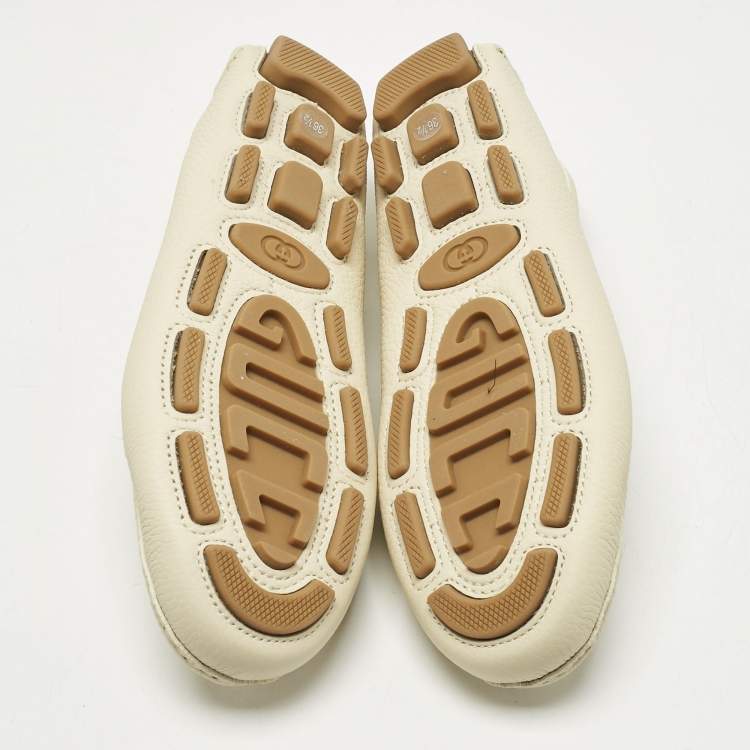 Pre Owned Gucci Ivory Leather Horsebit Driver Loafers Size 36.5