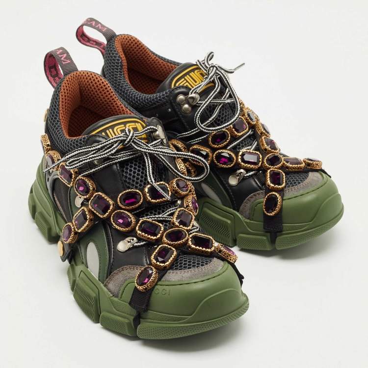 Pre Owned Gucci Multicolor Mesh and Leather Flashtrek Sneakers Size 38.5