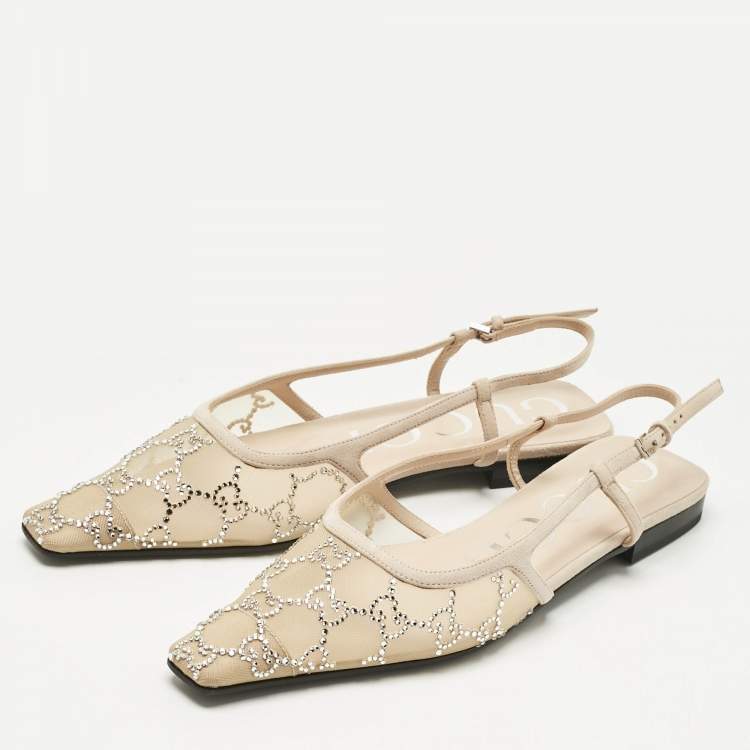Pre Owned Gucci Beige Suede and Mesh Crystal Embellished Slingback Flats Size 37.5