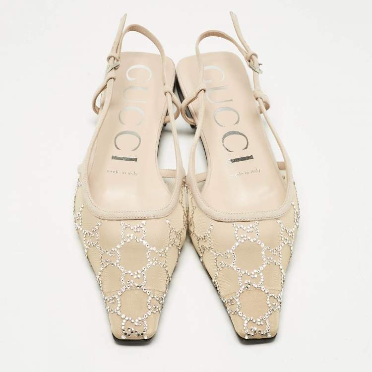 Pre Owned Gucci Beige Suede and Mesh Crystal Embellished Slingback Flats Size 37.5