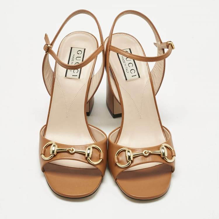 Pre Owned Gucci Brown Leather Horsebit Ankle Strap Sandals Size 37