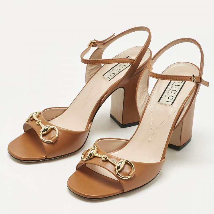 Pre Owned Gucci Brown Leather Horsebit Ankle Strap Sandals Size 37