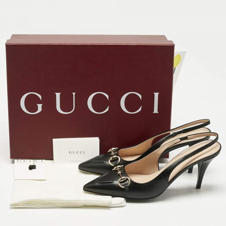 Pre Owned Gucci Black Leather Horsebit Slingback Pumps Size 37.5