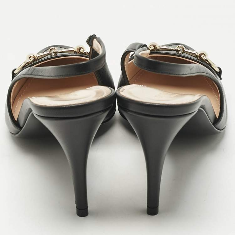 Pre Owned Gucci Black Leather Horsebit Slingback Pumps Size 37.5
