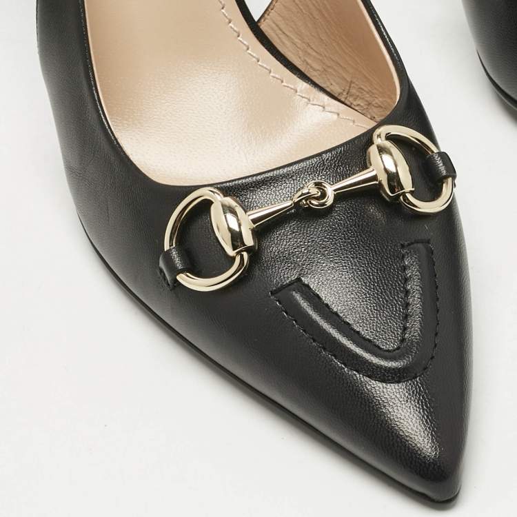 Pre Owned Gucci Black Leather Horsebit Slingback Pumps Size 37.5