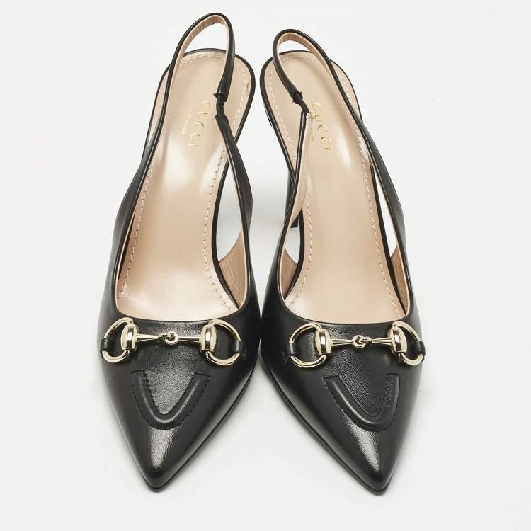Pre Owned Gucci Black Leather Horsebit Slingback Pumps Size 37.5