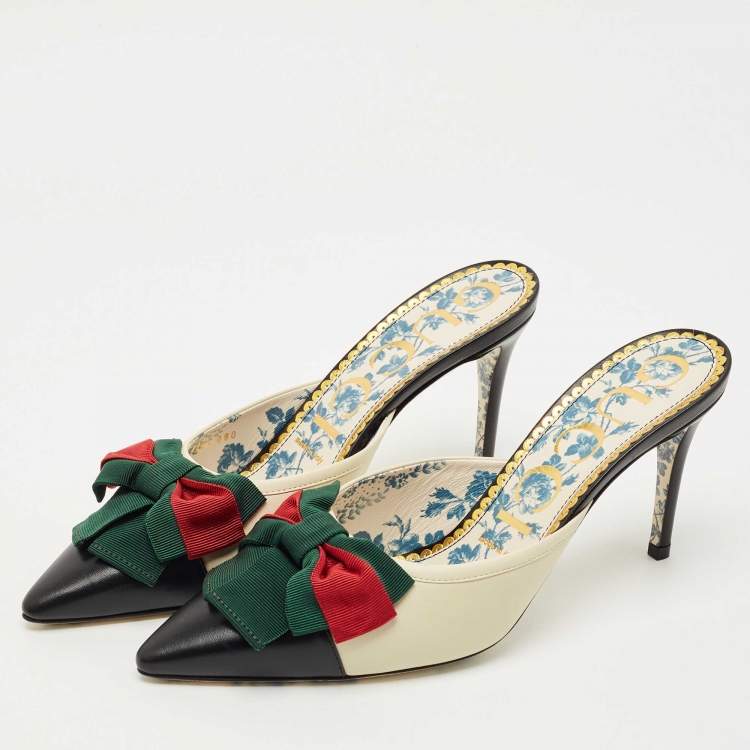 Pre Owned Gucci Cream/Black Leather Web Bow Pointed-Toe Mules Size 38.5