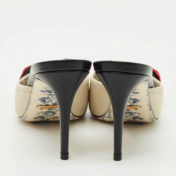 Pre Owned Gucci Cream/Black Leather Web Bow Pointed-Toe Mules Size 38.5