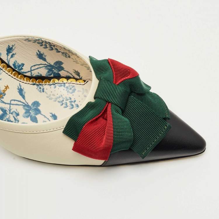 Pre Owned Gucci Cream/Black Leather Web Bow Pointed-Toe Mules Size 38.5