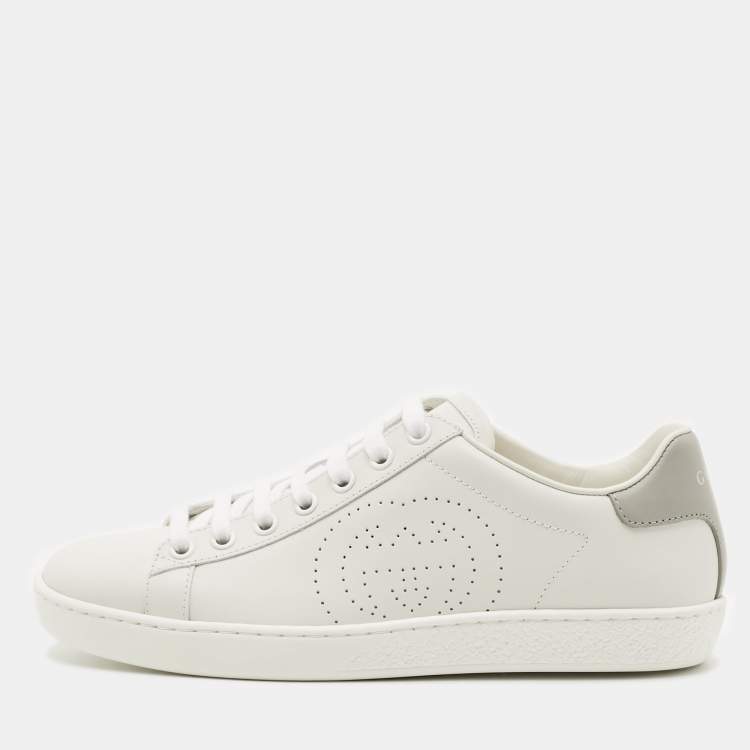 Pre Owned Gucci White Perforated Interlocking G Leather Ace Sneakers Size 36