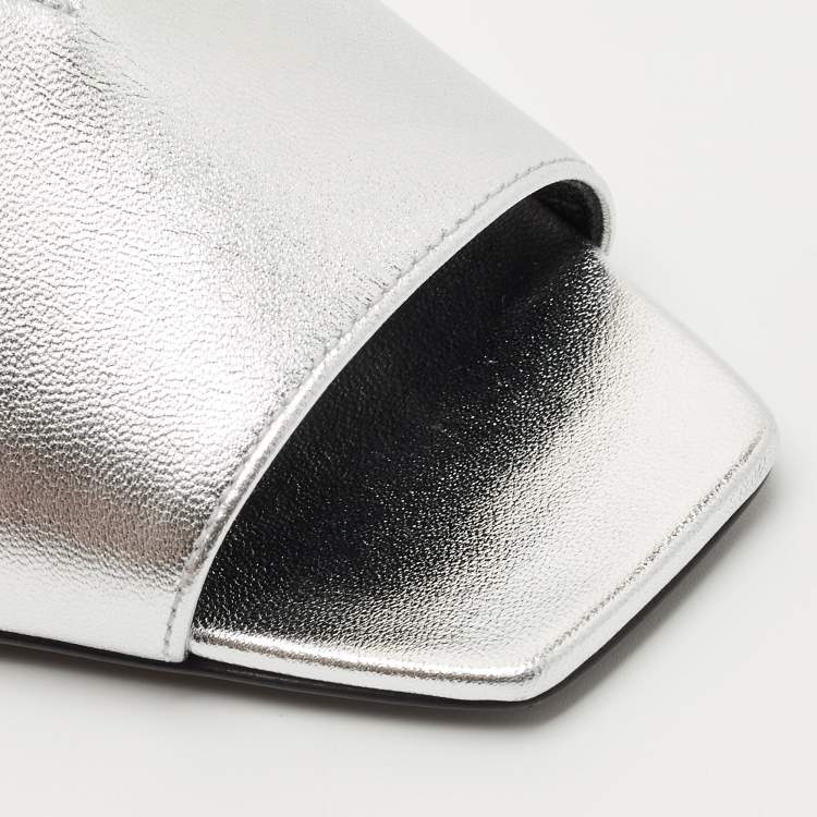 Pre Owned Gucci Silver Leather Square G Mules Size 35.5