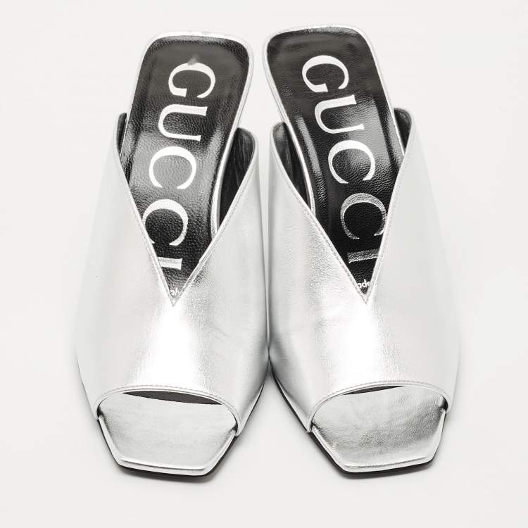 Pre Owned Gucci Silver Leather Square G Mules Size 35.5