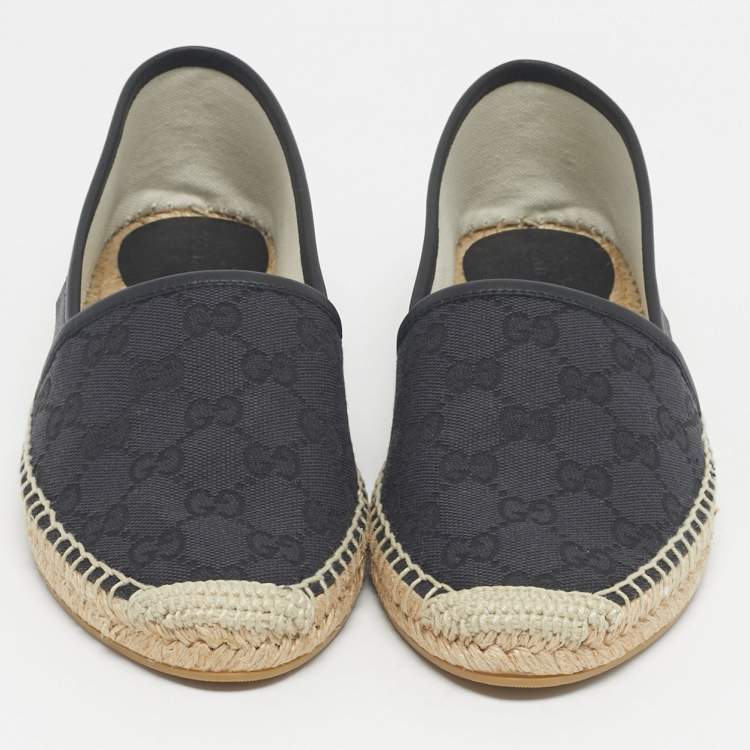 Pre Owned Gucci Navy Blue/Black Denim and Leather GG Canvas Espadrille Flats Size 38.5